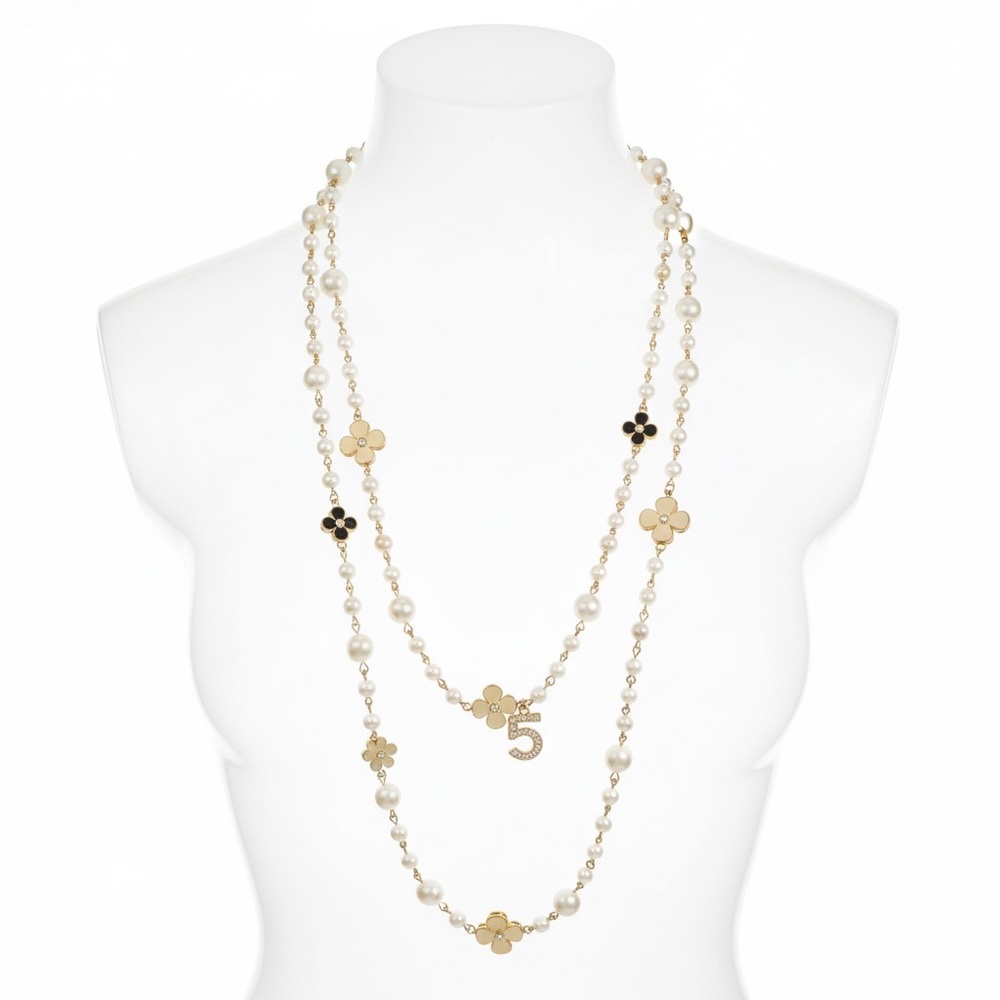 Delicate Pearl & Flower Long Necklace - Gold Tone - Picture 3 of 9